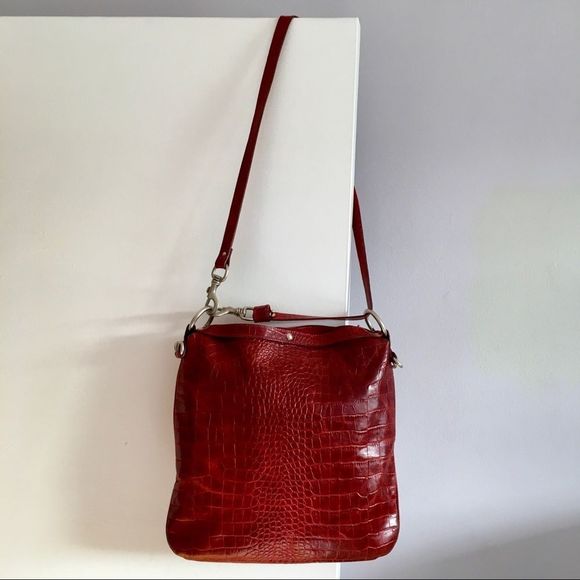 Cuoieria Fiorentina Italian leather square purse burgundy red faux croc pattern - Picture 2 of 16